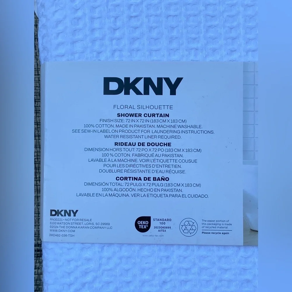 DKNY Floral Silhouette Waffle White Blue Cotton Fabric Shower Curtain 72